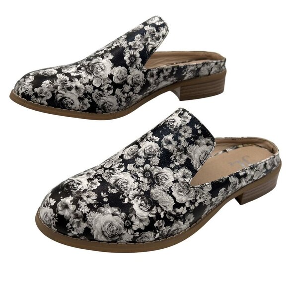Journee Collection JC Womens 7 Black White Floral Slip On Mules Casual Office - Picture 1 of 9